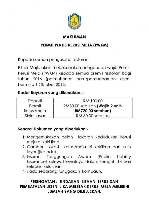 Permit Kerusi Meja Pwkm Kepada Semua Premis Restoran Bagi Tahun 2016 Official Portal Of Ampang Jaya Municipal Council Mpaj
