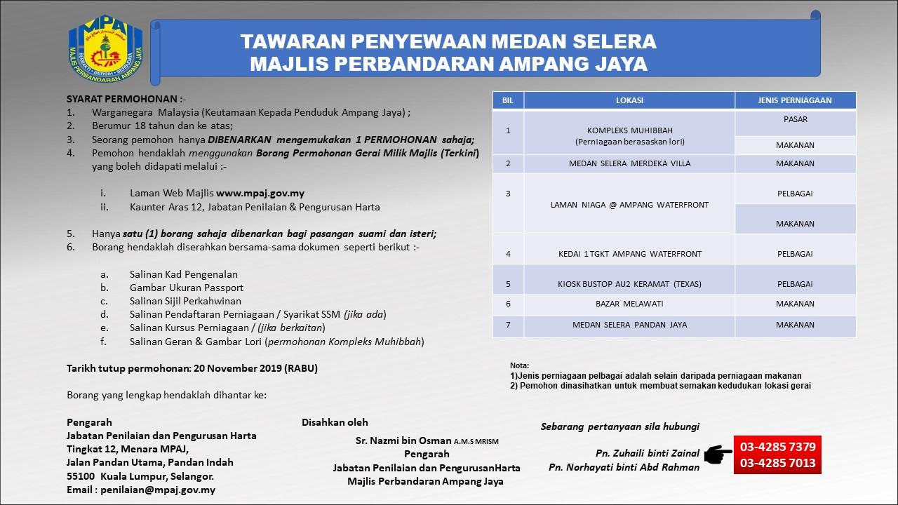 Iklan Tawaran Penyewaan Medan Selera Majlis Perbandaran Ampang Jaya Berserta Borang Permohonan Tarikh Tutup Pada 20 November 2019 Portal Rasmi Majlis Perbandaran Ampang Jaya Mpaj