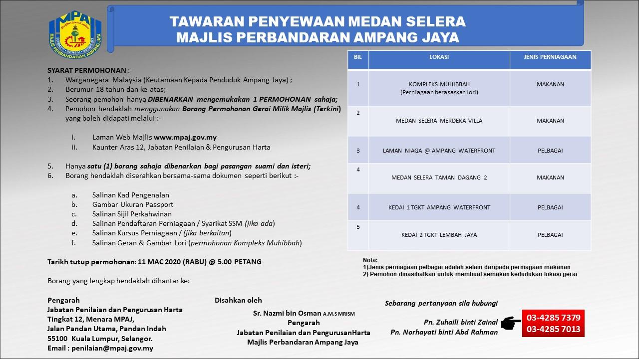 Tawaran Penyewaan Medan Selera Majlis Perbandaran Ampang Jaya Mac 2020 Portal Rasmi Majlis Perbandaran Ampang Jaya Mpaj