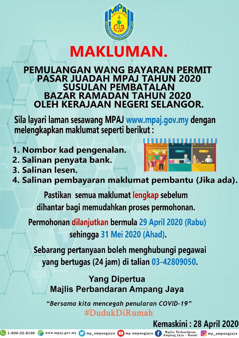 Pemulangan Wang Bayaran Permit Pasar Juadah Mpaj Tahun 2020 Susulan Pembatalan Bazar Ramadan Tahun 2020 Portal Rasmi Majlis Perbandaran Ampang Jaya Mpaj