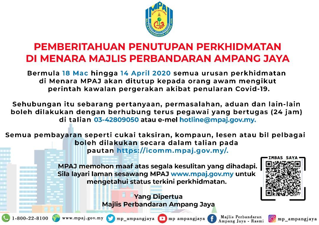 Pemberitahuan Penutupan Perkhidmatan Di Menara Majlis Perbandaran Ampang Jaya Portal Rasmi Majlis Perbandaran Ampang Jaya Mpaj