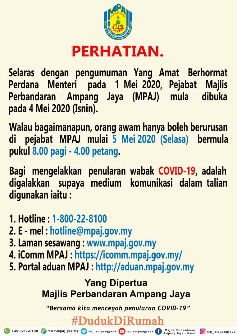 Terkini Selaras Dengan Pengumuman Yang Amat Berhormat Perdana Menteri Pada 1 Mei 2020 Pejabat Majlis Perbandaran Ampang Jaya Mpaj Mula Dibuka Pada 4 Mei 2020 Isnin Portal Rasmi Majlis Perbandaran Ampang Jaya Mpaj
