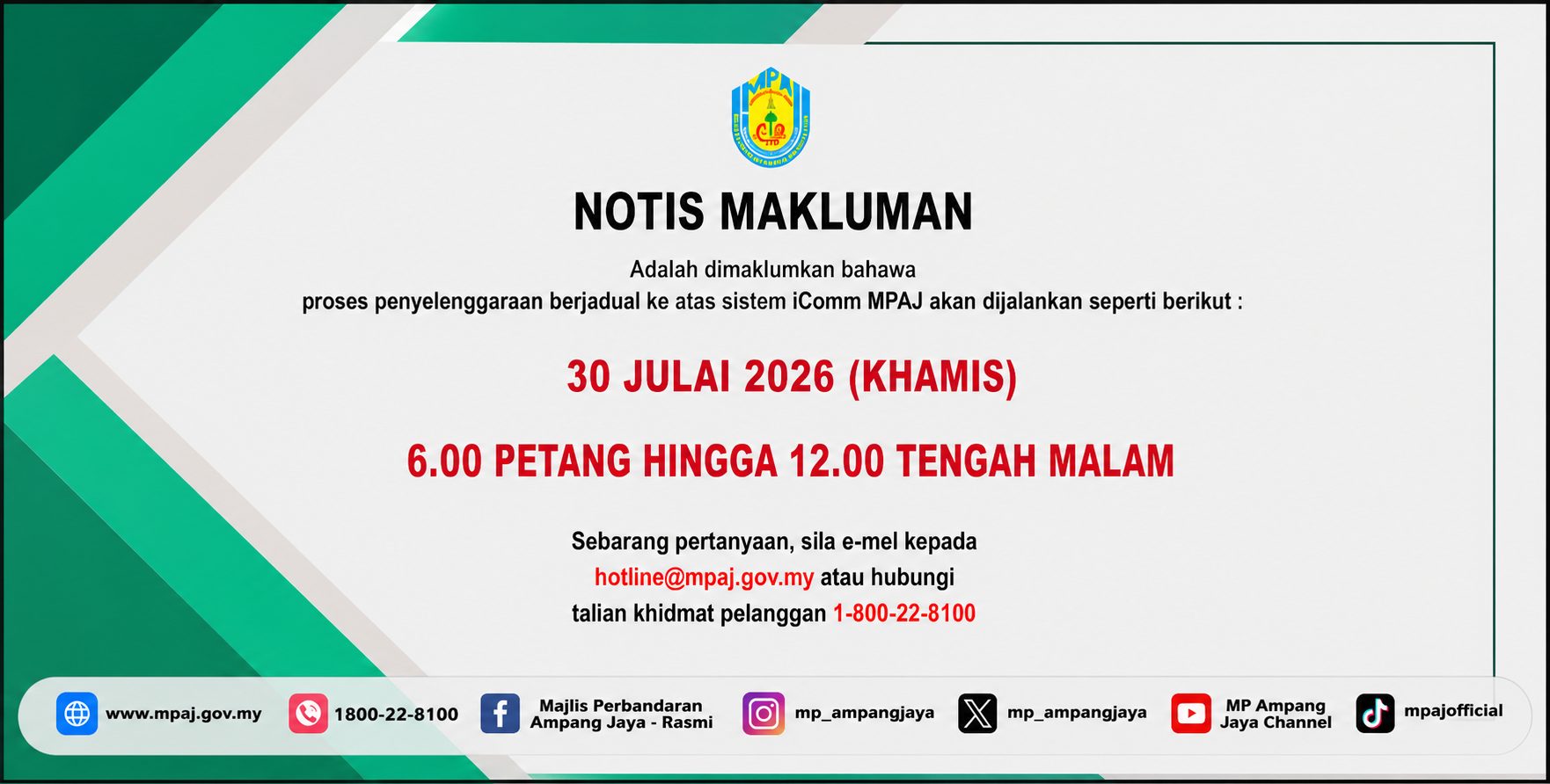 NOTIS MAKLUMAN PENYELENGGARAAN ICOMM JULAI