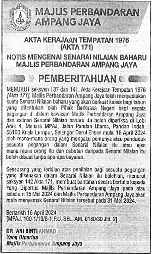 NOTIS MENGENAI SENARAI NILAIAN BAHARU MAJLIS PERBANDARAN AMPANG JAYA