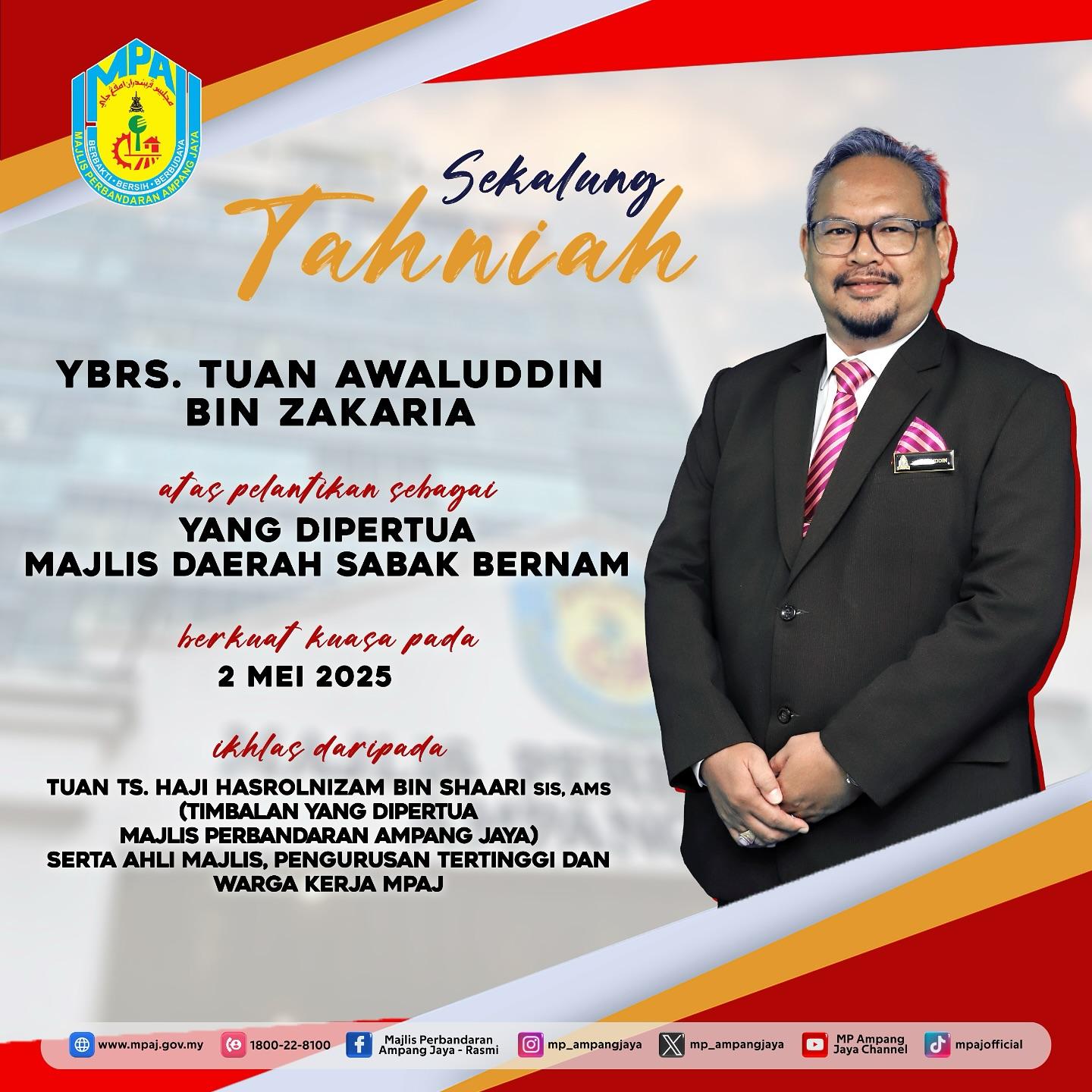 SEKALUNG TAHNIAH KEPADA YBRS. TUAN AWALUDDIN BIN ZAKARIA